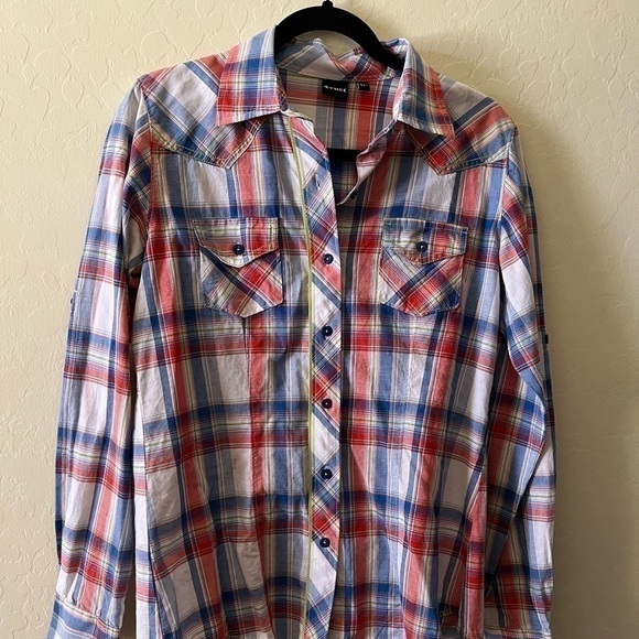 Cruel/Cinch western red white blue plaid long sleeve shirt - Picture 6 of 6
